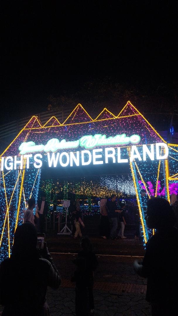 A neon archway reading 'Lights Wonderland' under a black sky, crowds silhouetted in front of it.