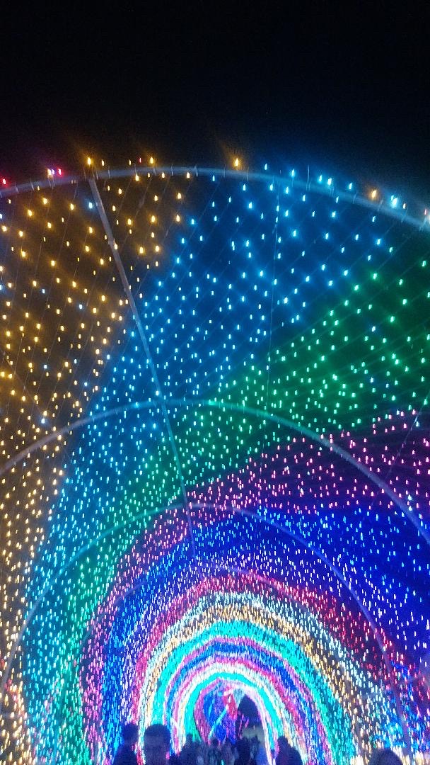 Inside a tunnel of rainbow-coloured fairy lights, fanning out overhead.