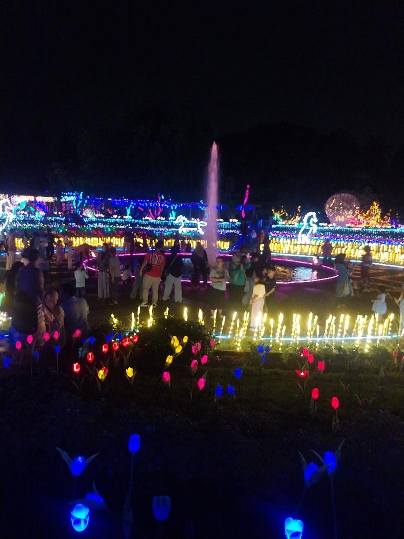 A fountain at night, ringed by a field of glowing tulips in red, yellow and pink, with visitors gathered around.