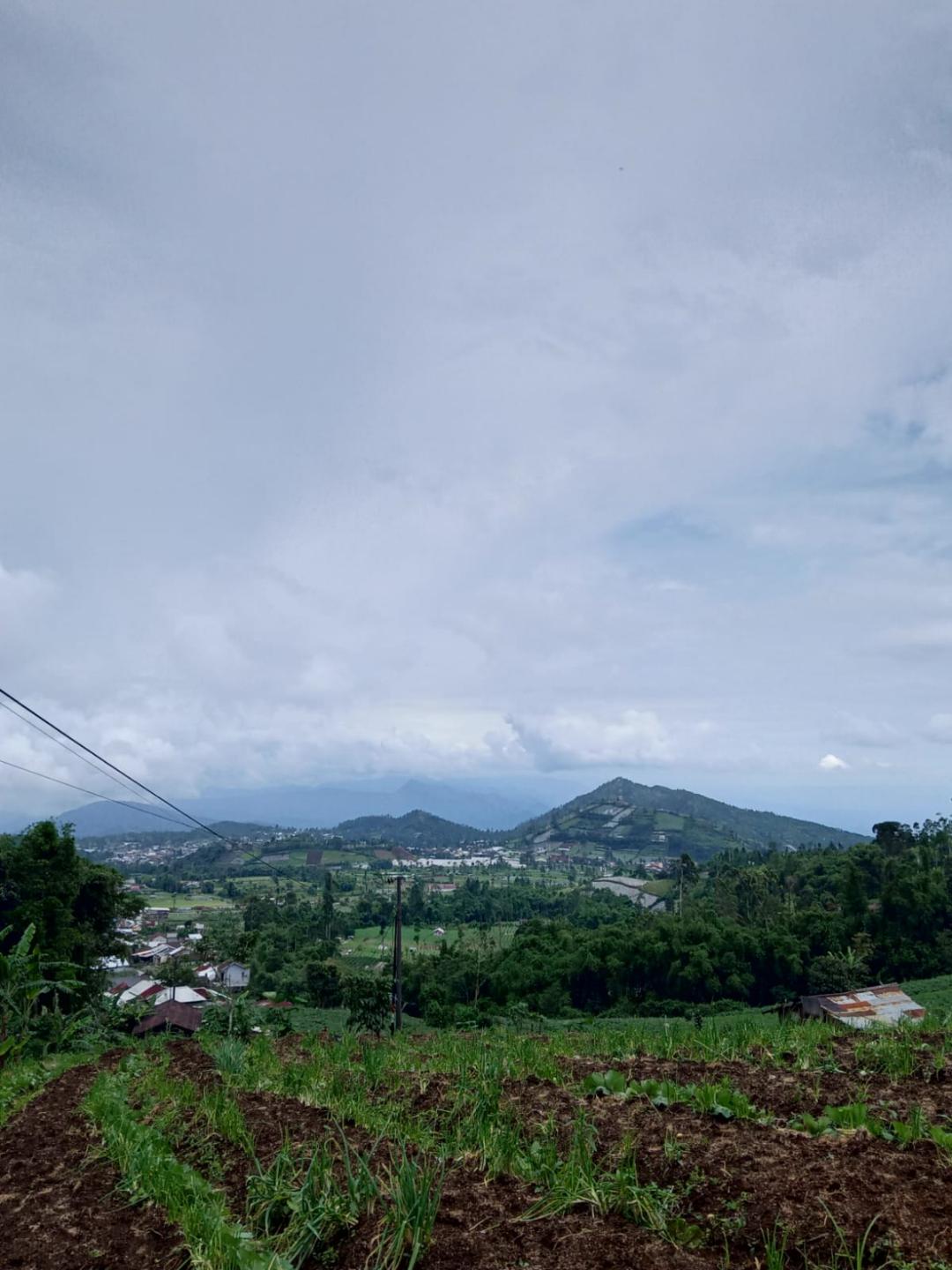 A wide valley seen from a hilltop garden, villages and paddies below, distant mountains under heavy cloud.